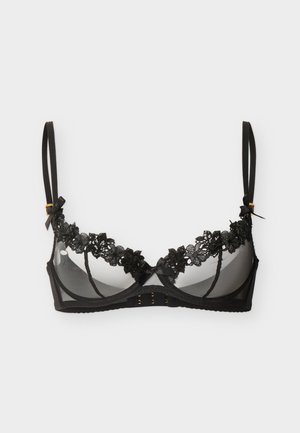 Fekete áttetsző melltartó alátámasztó merevítővel, virágmintás csipke szegéllyel, vékony állítható pántokkal és kapcsos háttal.