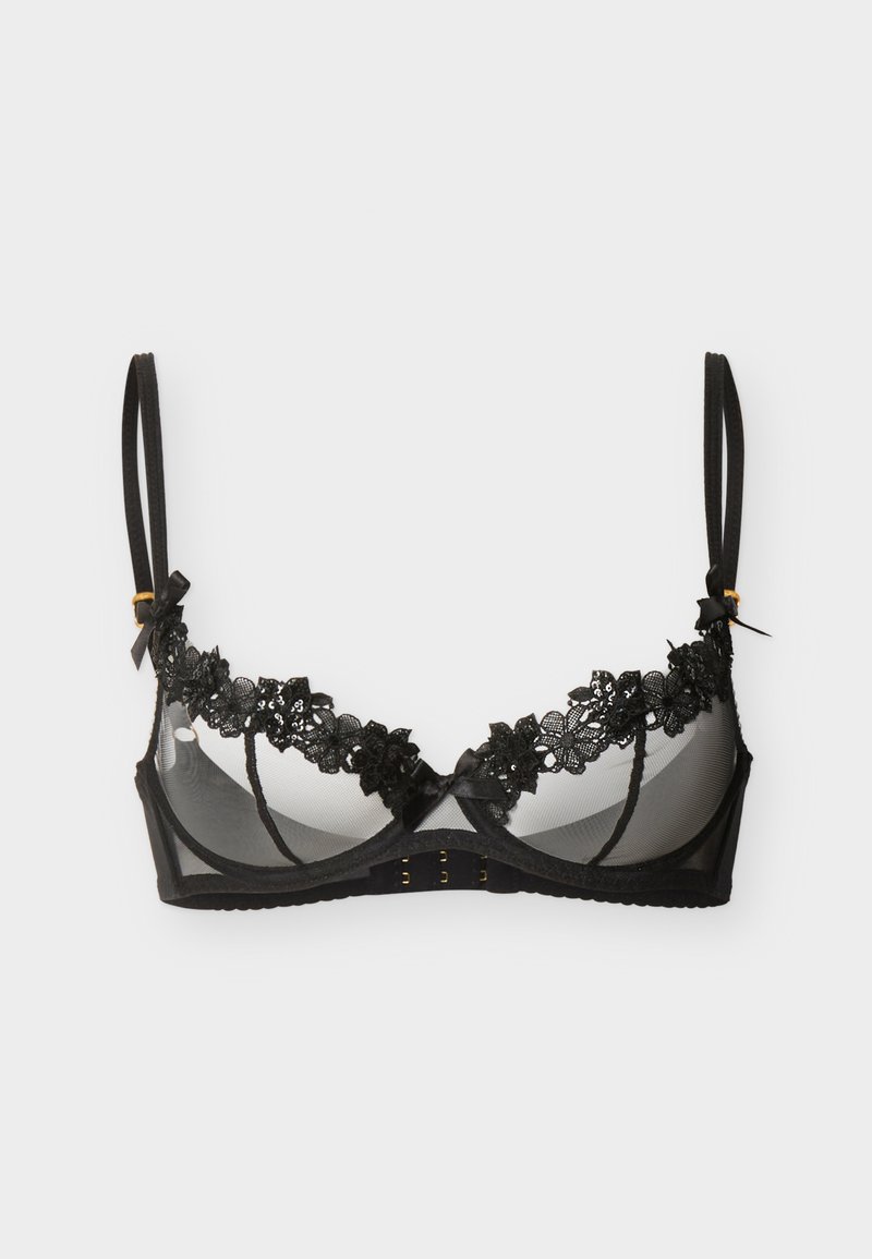 Černá průsvitná podprsenka s kosticemi, květinovou krajkou, tenkými nastavitelnými ramínky a zapínáním vzadu na háčky a očka.