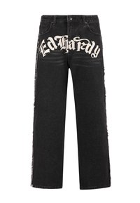 Black denim wide-leg jeans with distressed edges and prominent white "Ed Hardy" text on the front. Features a standard button closure.