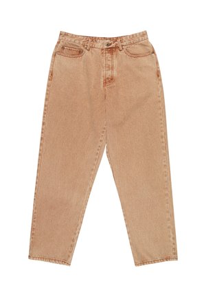 Gaiši brūnas džinsa bikses ar augstu vidukli, taisnu kāju griezumu, piecām kabatām un metāla detaļām. Bez redzamām rakstiem vai uzsvērumiem.