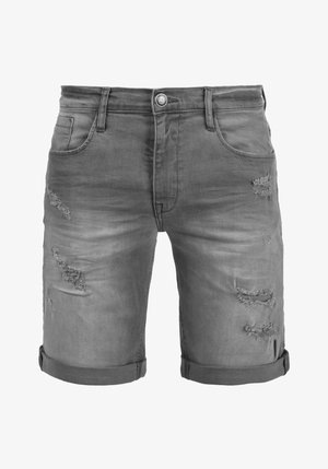 Szürke farmer rövidnadrág, halványított felülettel, elhasználódott részletekkel és feltekert szegésekkel. Öt zsebbel és fém gombos zárással rendelkezik.