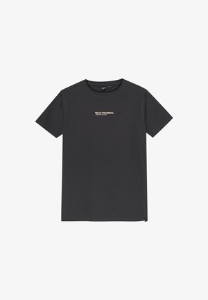 Schwarzes Baumwoll-T-Shirt mit Rundhalsausschnitt, kurzen Ärmeln und einem zentralen weißen und goldenen Logo-Print mit der Aufschrift „RELIX THE ORIGINAL ARCHIVE MISSION.“