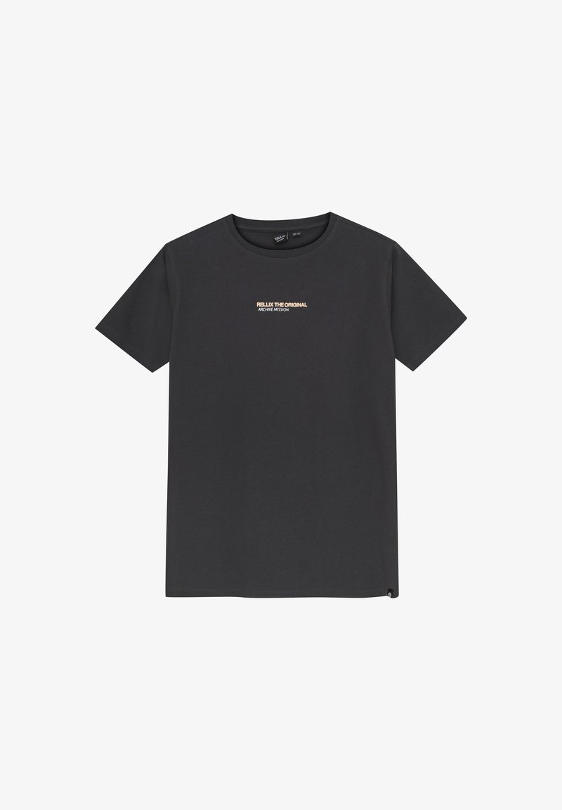 Black cotton t-shirt with a crew neck, short sleeves, and a central white and gold logo print reading “RELIX THE ORIGINAL ARCHIVE MISSION.”