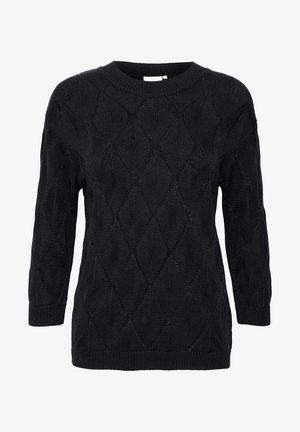 Sort strikket trøje med diamantmønster, rund halsudskæring og ¾ ærmer. Har ribbede manchetter og kant for et tekstureret udseende.