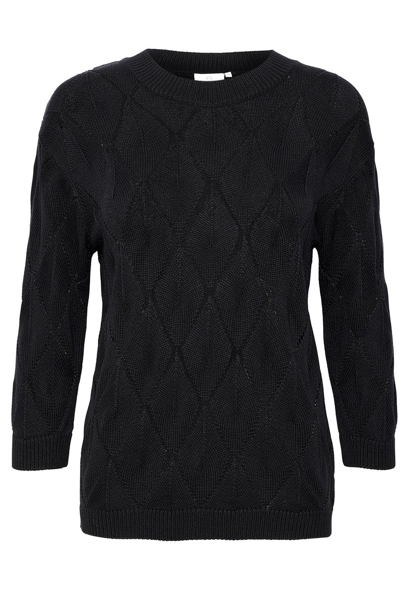 Črna pletena jopica z diamantom, okroglim izrezom in ¾ rokavi. Opremljena z rebrastimi manšetami in robom za teksturiran videz.