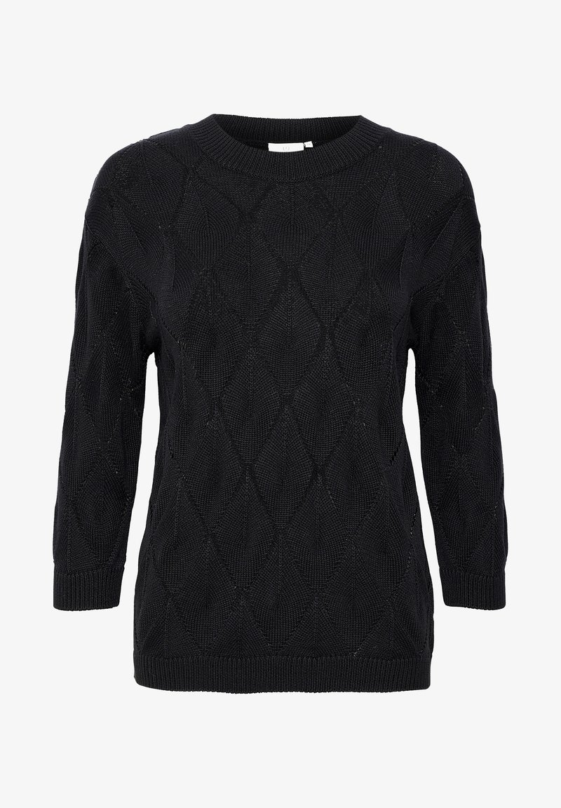 Črna pletena jopica z diamantom, okroglim izrezom in ¾ rokavi. Opremljena z rebrastimi manšetami in robom za teksturiran videz.