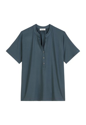Donkerblauwe katoenen shirt met korte mouwen, een notch-kraag, knoopsluiting en zachte stof. Heeft een relaxte pasvorm en een gladde textuur.