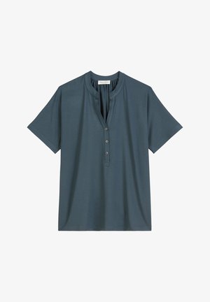 Donkerblauwe katoenen shirt met korte mouwen, een notch-kraag, knoopsluiting en zachte stof. Heeft een relaxte pasvorm en een gladde textuur.