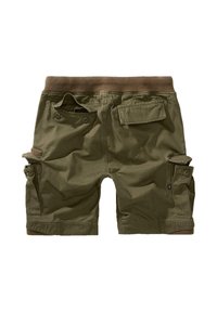 Alyvuogių žalios kelnės šortai su minkštu rudos spalvos juosmeniu, daugybe kišenių, įskaitant šonines krovinių kišenes, ir laisvu, tvirtu dizainu.