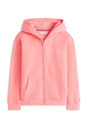 Roosa täislukuga kapuutsiga dressipluus esitaskute, soonikkoes varrukakuumade ja äärega, väikese Tommy Hilfigeri logoga rinnal ja varrukal ning kinnitatud kapuutsiga.