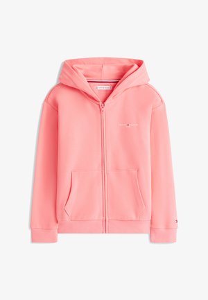 Roosa täislukuga kapuutsiga dressipluus esitaskute, soonikkoes varrukakuumade ja äärega, väikese Tommy Hilfigeri logoga rinnal ja varrukal ning kinnitatud kapuutsiga.