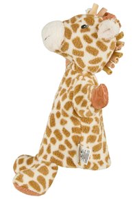 Giraffe-shaped plush toy with a spotted tan and cream design, soft texture, pinkish-brown accents on ears and hooves. Notable ruffled mane.
