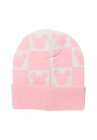 Berretto lavorato a maglia rosa con un motivo bianco che presenta contorni di Topolino. Il cappello ha un risvolto a coste e una superficie texturizzata.
