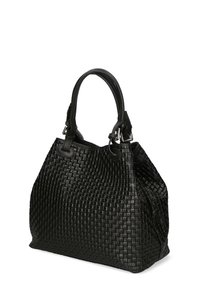 Borsa a tracolla nera intrecciata con motivo testurizzato, doppi manici superiori e design morbido. Presenta una finitura liscia e dettagli in metallo.