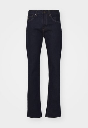 Dark wash denim jeans with a straight leg design, featuring contrasting stitching and a standard waistband with button closure.