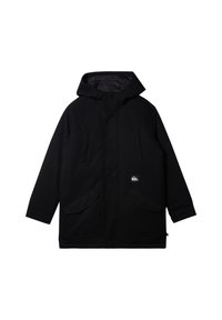 Schwarze Kapuzenjacke mit durchgehendem Reißverschluss, zwei großen Fronttaschen und einem Logopatch auf der unteren rechten Seite. Glatte Außenstruktur.