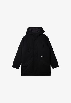 Veste à capuche noire avec une fermeture éclair à l'avant, deux grandes poches avant et un patch logo en bas à droite. Texture extérieure lisse.