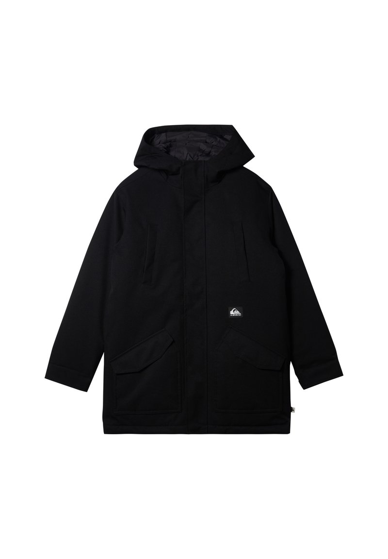 Schwarze Kapuzenjacke mit durchgehendem Reißverschluss, zwei großen Fronttaschen und einem Logopatch auf der unteren rechten Seite. Glatte Außenstruktur.