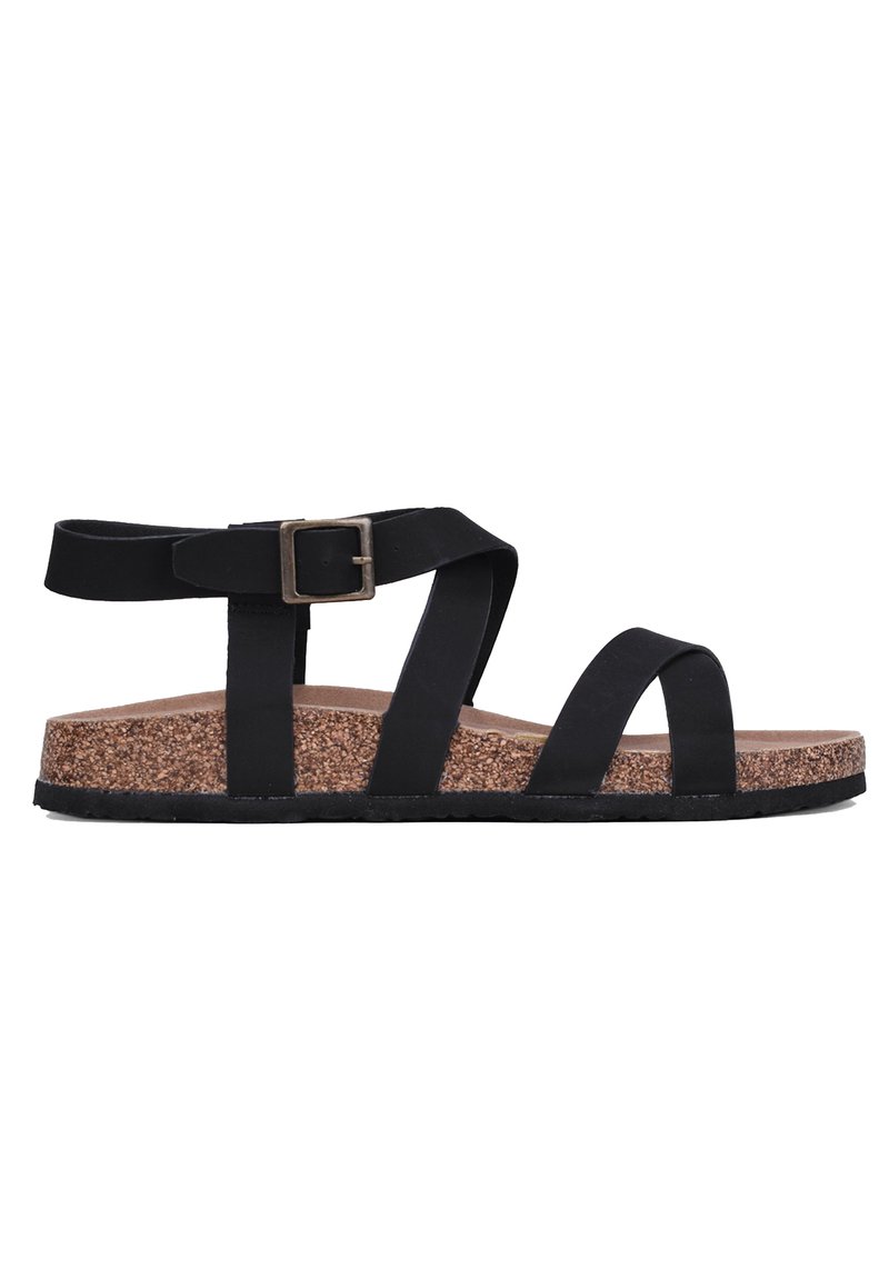 Sandalo nero con cinturini, suola in sughero, cinturino alla caviglia regolabile e suola in gomma; design flat con minimi dettagli in metallo.