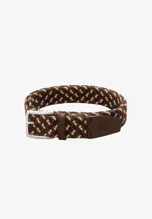 Woven belt w ciemnym brązie, kremie i burgundzie z metalową klamrą w kolorze srebrnym oraz skórzanymi akcentami. Posiada teksturowany spleciony wzór.