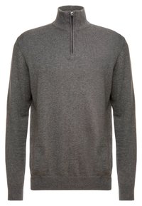 Maglione grigio in maglia con collo alto e chiusura a zip a quarti. Presenta maniche lunghe e polsini e orlo a costine per un look aderente.