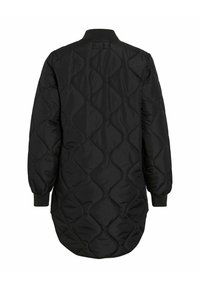 Μαύρο μακρύ μπουφάν με καπιτονέ σχέδιο και διαμαντέ καπιτοναρίσματα, με ριμπ μανσέτες και στρογγυλή εσωτερική ραφή, εμφανιζόμενο από πίσω σε λευκό φόντο.