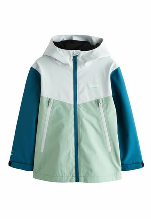 Color-blocked jacket featuring a white, mint green, and teal design. It has a zip front, two zippered pockets, and an attached hood.