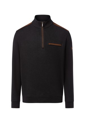 Schwarzer Sweatshirt mit hohem Kragen, halbseitigem Reißverschluss und braunen Akzenten an den Schultern und der Tasche. Strukturierter Stoff und lockere Passform.