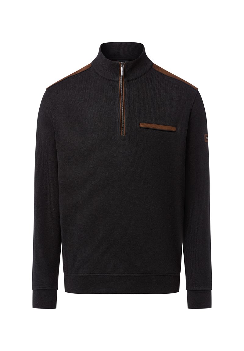 Schwarzer Sweatshirt mit hohem Kragen, halbseitigem Reißverschluss und braunen Akzenten an den Schultern und der Tasche. Strukturierter Stoff und lockere Passform.