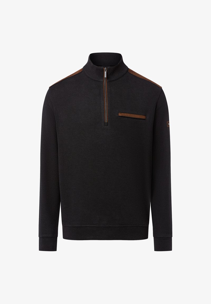 Schwarzer Sweatshirt mit hohem Kragen, halbseitigem Reißverschluss und braunen Akzenten an den Schultern und der Tasche. Strukturierter Stoff und lockere Passform.