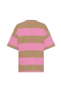 T-shirt à manches courtes rayé marron et rose, vu de dos sur un fond blanc.