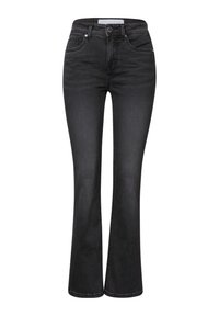 Zwarte flared jeans van denim, met een hoge taille, vijf zakken en zichtbare stiksels langs de naden. Gelaagde afwerking.