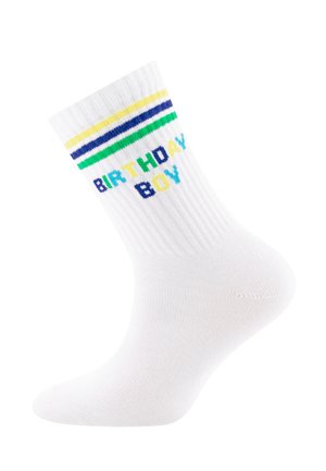 White ribbed sock with yellow, blue, and green stripes, featuring text "BIRTHDAY BOY" in multicolored letters near the cuff.