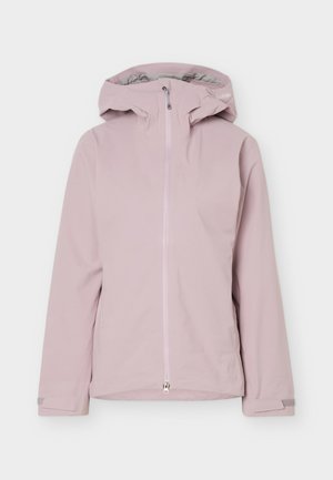 Jachetă roz deschis cu glugă, fermoar frontal, mâneci lungi și curele reglabile la încheieturi, prezentată pe un fundal simplu.