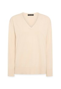 Maglione lungo beige chiaro a V con maniche lunghe, polsini e orlo a coste, texture di maglia liscia, etichetta Elena Mirò all'interno del colletto.