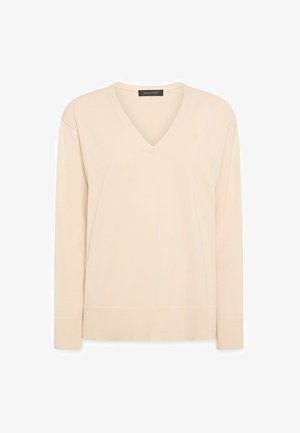 Vaalean beige V-pääntie pitkähihaisuus villapaita, jossa on ribbireunat hihansuissa ja helmassa, sileä neulepinta, Elena Mirò -labeli kauluksessa.