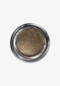 Metallische bronzen oogschaduw in een ronde zilveren container, met een fijne, glinsterende textuur, een glad oppervlak en een gelijkmatige kleurverdeling.
