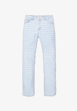 Hellblaue Jeans aus Denim mit einem Hahnentrittmuster, geradem Beinverlauf, fünf Taschen und einem Knopfverschluss. Dezente Struktur im gesamten Material.