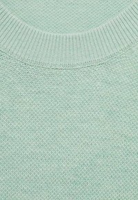 Pulover tricotat de culoare verde mentă deschisă, cu guler ribbit și un model texturat format din cusături mici, uniform dispuse.