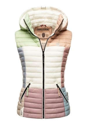 Veste matelassée sans manches avec capuche, fermeture éclair frontale, poches latérales, et blocs de couleurs pastel en vert, beige, blanc, rose, gris et bleu.