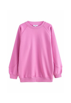 Rosa Langarm-Sweatshirt mit Rundhalsausschnitt, mit gerippten Bündchen und Saum, flach auf einem weißen Hintergrund dargestellt.