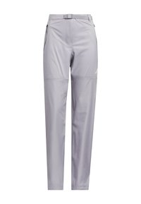Pantalones ligeros de color gris claro con un diseño ajustado. Presentan un cinturón, bolsillos laterales y detalle del logo. Textura suave y forma acampanada.