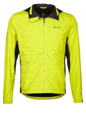 Chaqueta fluorescente amarilla y negra con cremallera, cuello alto, mangas largas y logo de Odlo en el pecho.