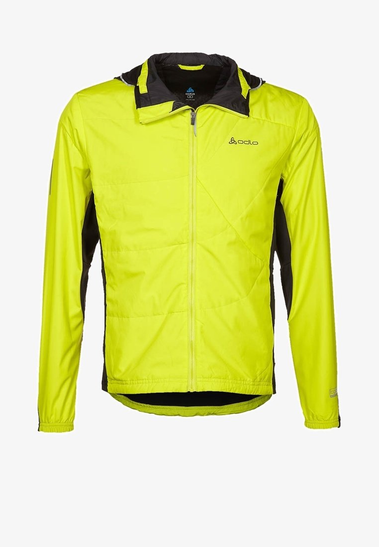 Veste zippée jaune fluorescent et noire avec col montant, manches longues et logo Odlo sur la poitrine.