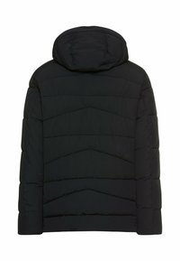 Schwarze Daunenjacke mit Kapuze, steppdesign mit Zickzacknaht und strukturiertem Finish. Keine sichtbaren Beschläge oder Akzente.