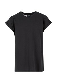 Svart t-shirt med kort ärm i bomull, med rund hals och avslappnad passform samt vikta ärmar. Enkelt design, utan mönster eller grafik.