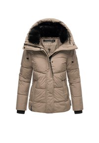 Beige pufferjack met een afneembare bontgevoerde capuchon, ritssluiting, elastische manchetten en een geborduurd ontwerp met zijzakken.