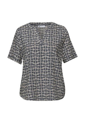 Granatowo-beżowa bluzka z krótkim rękawem, dekoltem w serek i geometrycznym kwiatowym wzorem, luźnym krojem oraz zaokrąglonym dołem.