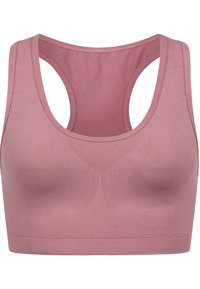 Rosa Sport-BH aus glattem, elastischem Material, mit Racerback-Design und breitem Bund. Keine sichtbaren Beschläge oder Muster.