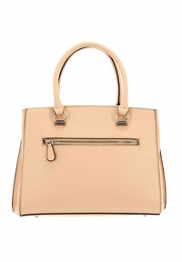 Beige structured handbag with dual handles, front zipper pocket, stitched accents, and a textured surface. Features silver-toned hardware.